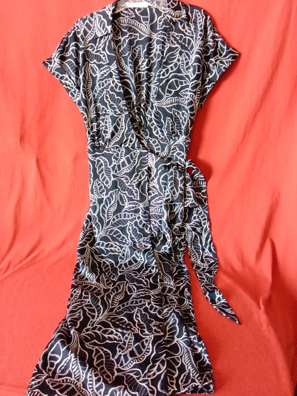 Mango Black Wrap Midi Dress with White Leaf Print